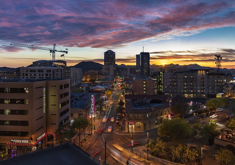 A view of Tucson's beautiful sunset down Congress Street to Church Avenue. Photo courtesy Steven Meckler.